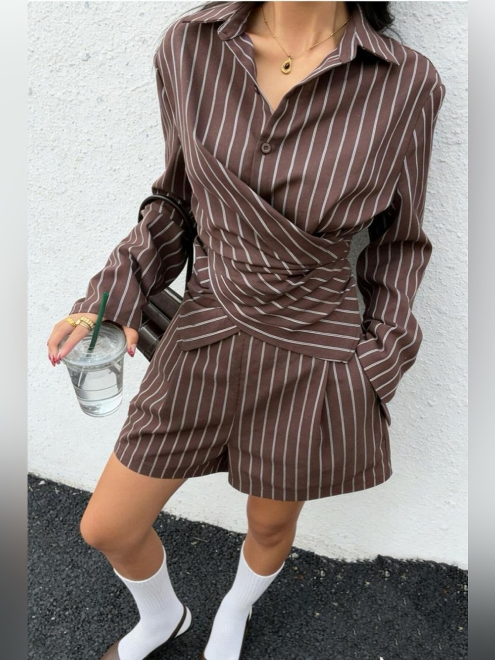 Striped Long-Sleeve Wrap Shirt and Shorts Two-Piece Set